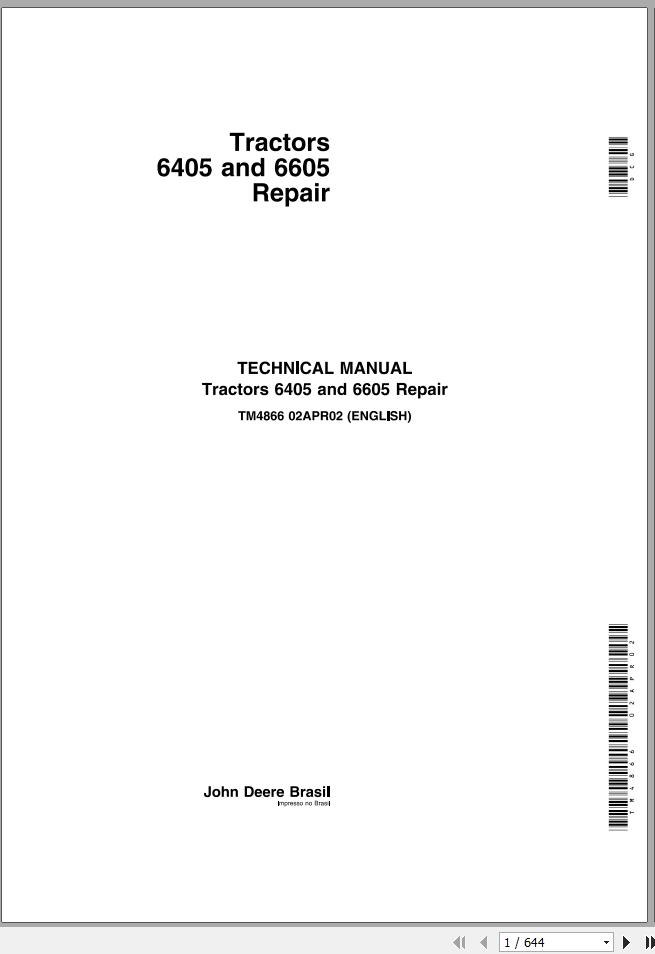 John Deere Tractors 6405 6605 Technical Manual TM4866 1
