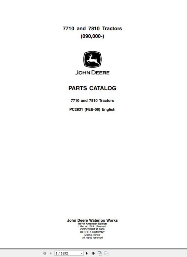 John Deere Tractors 7710 7810 Parts Catalog PC2831 2006 1