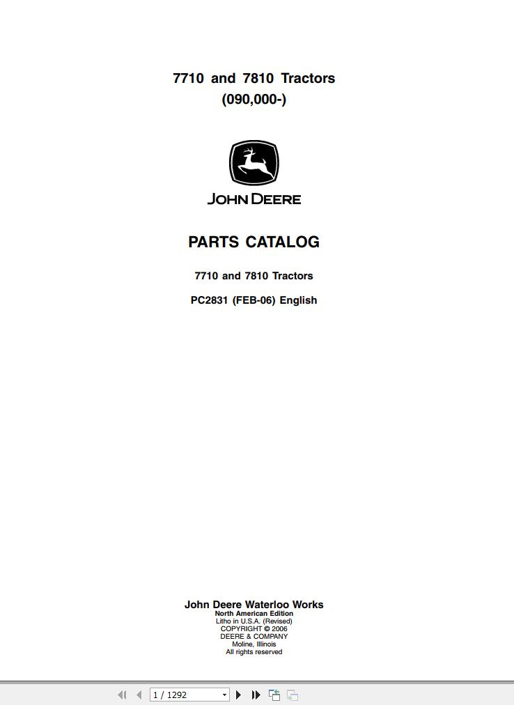 John Deere Tractors 7710 7810 Parts Catalog PC2831 2006 1