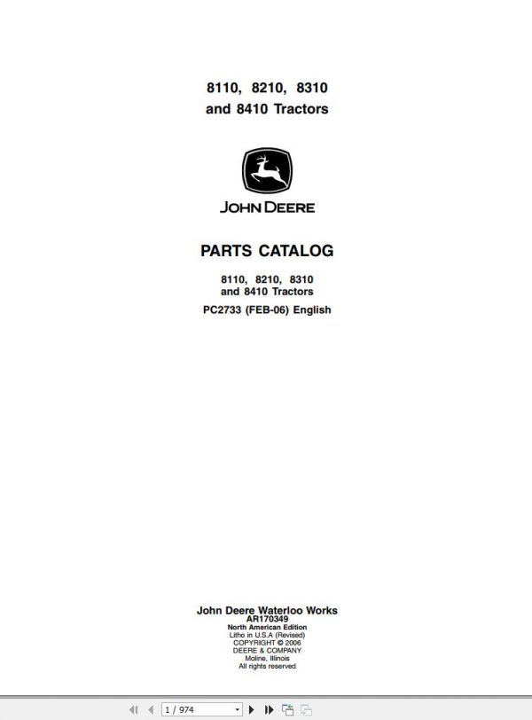John Deere Tractors 8110 8210 8310 8410 Parts Catalog PC2733 2006 1