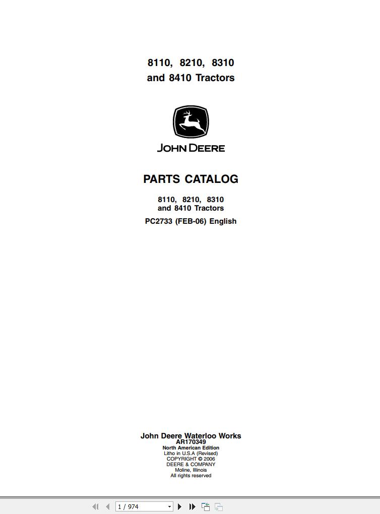 John Deere Tractors 8110 8210 8310 8410 Parts Catalog PC2733 2006 1