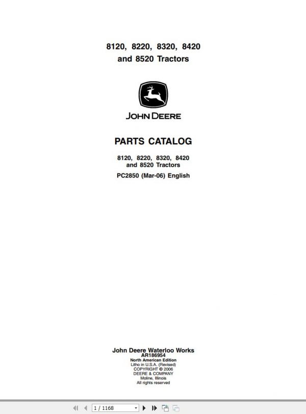 John Deere Tractors 8120 8220 8320 8420 8250 Parts Catalog PC2850 2006 1