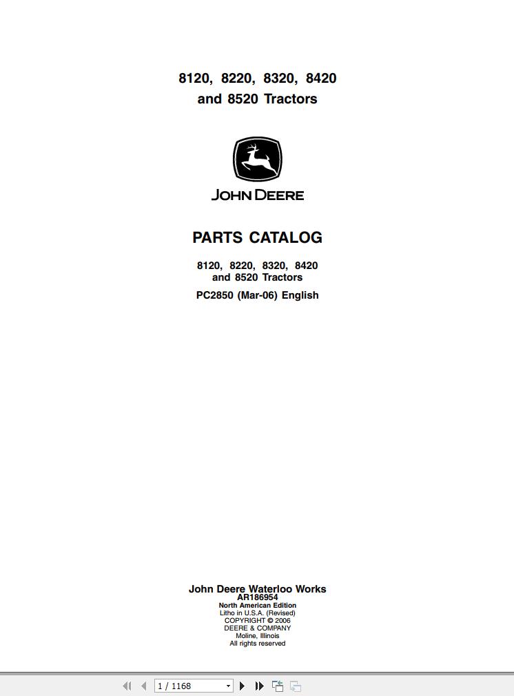 John Deere Tractors 8120 8220 8320 8420 8250 Parts Catalog PC2850 2006 1