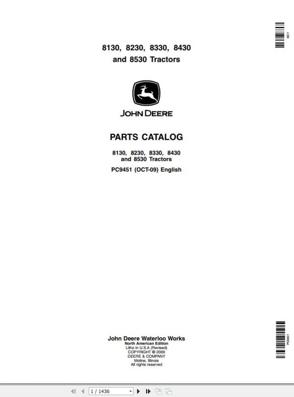John Deere Tractors 8130 8230 8330 8430 8530 Parts Catalog PC9451 2009 1