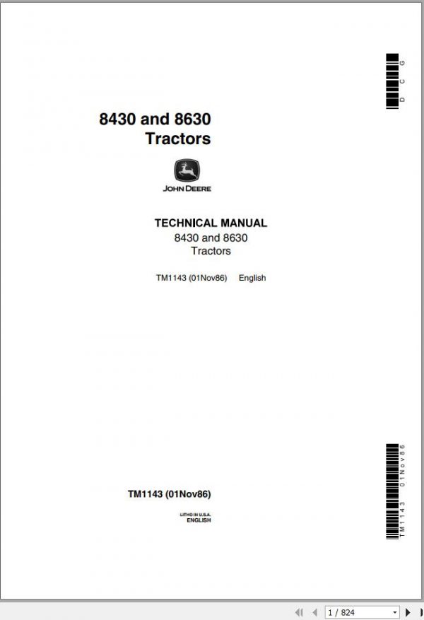 John Deere Tractors 8430 8630 Technical Manual TM1143 1