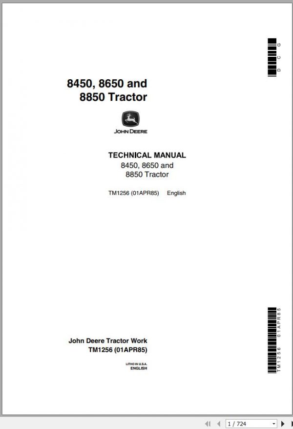 John Deere Tractors 8450 8650 8850 Technical Manual TM1256 1