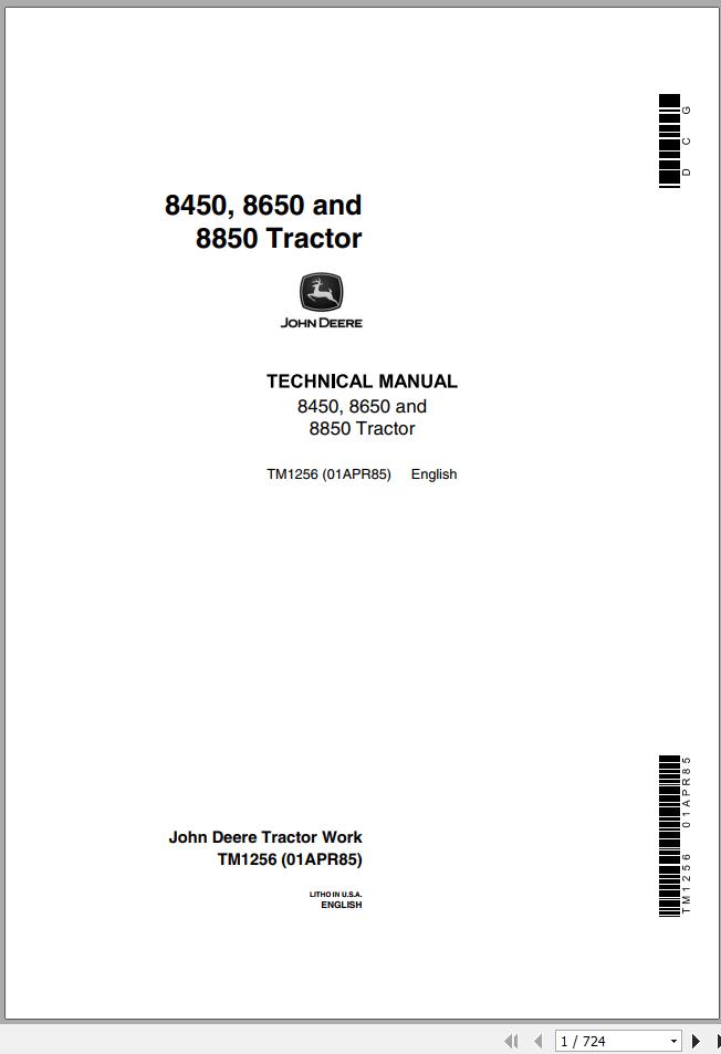 John Deere Tractors 8450 8650 8850 Technical Manual TM1256 1