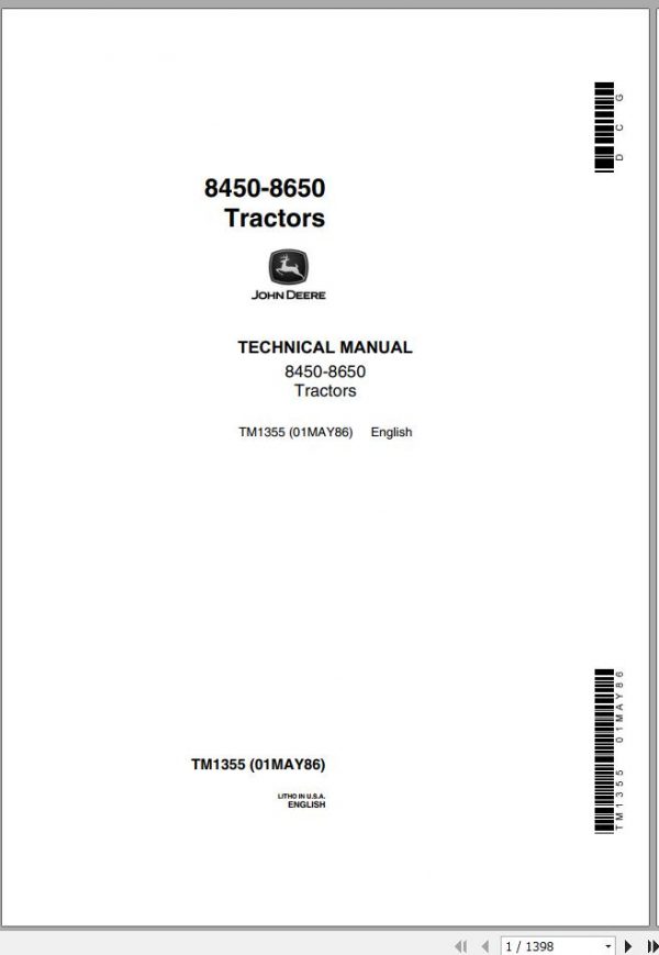 John Deere Tractors 8450 8650 Technical Manual TM1355 1