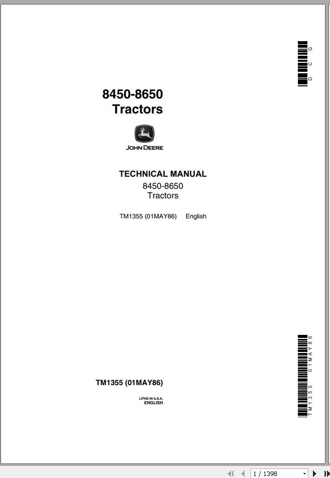 John Deere Tractors 8450 8650 Technical Manual TM1355 1