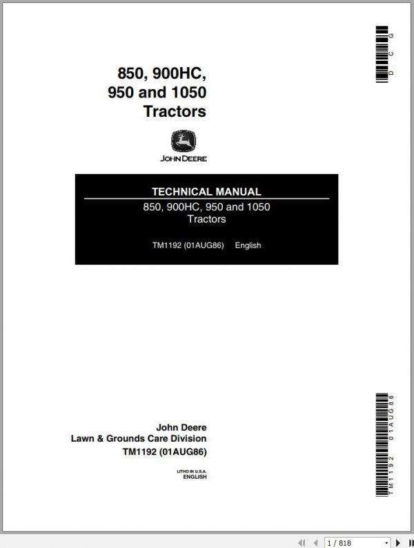 John Deere Tractors 850 900HC 950 1050 Technical Manual TM1192 1