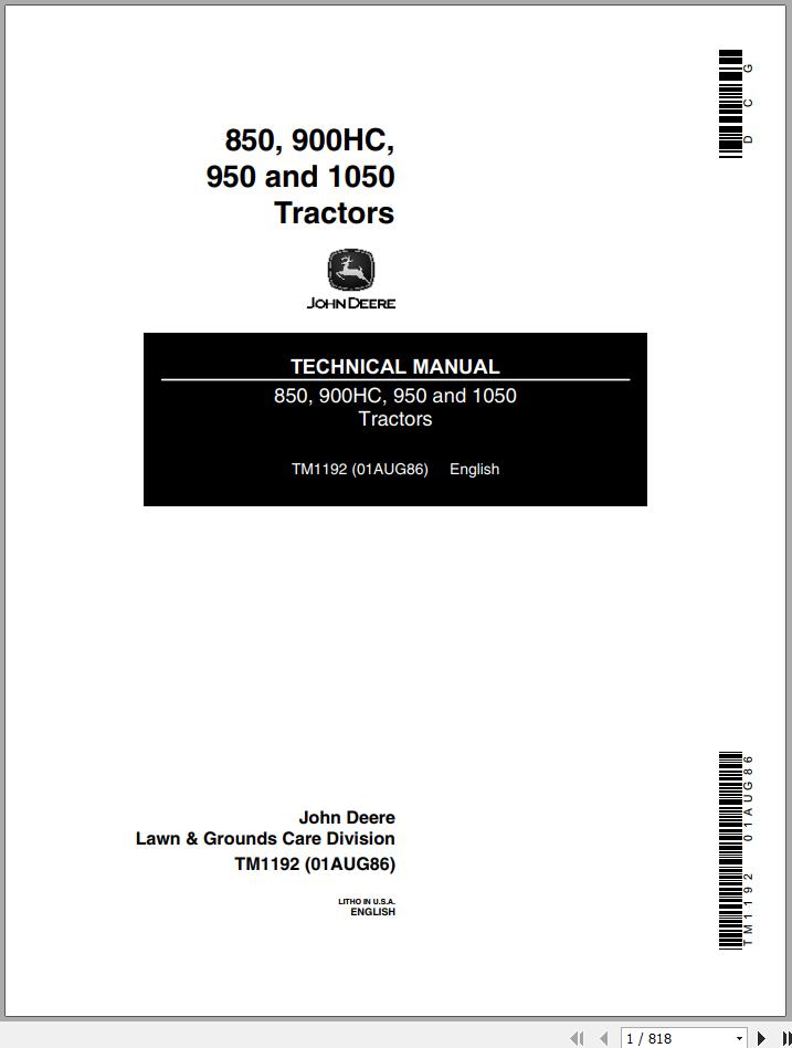 John Deere Tractors 850 900HC 950 1050 Technical Manual TM1192 1