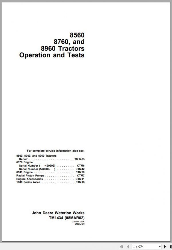 John Deere Tractors 8560 8760 8960 Operation Test Manual TM1434 1