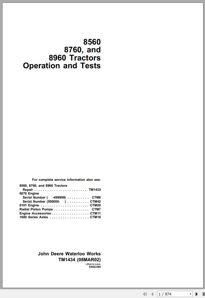 John Deere Tractors 8560 8760 8960 Operation Test Manual TM1434 1