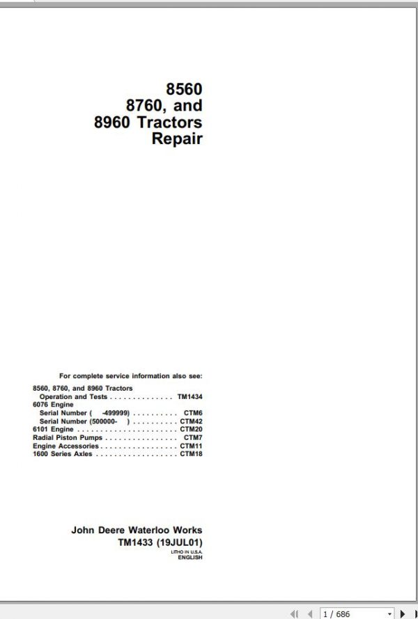 John Deere Tractors 8560 8760 8960 Repair Manual TM1433 1