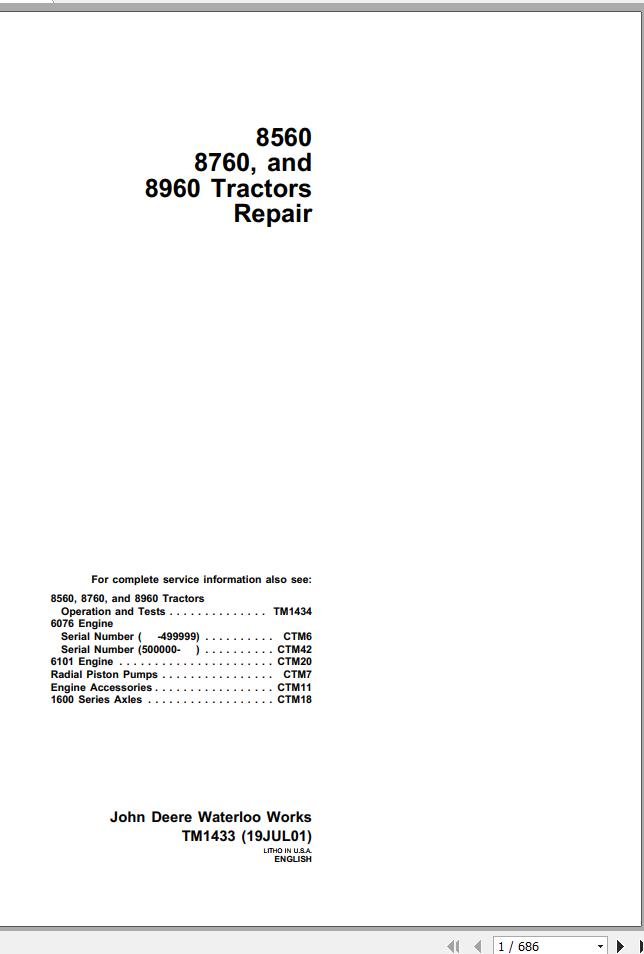 John Deere Tractors 8560 8760 8960 Repair Manual TM1433 1