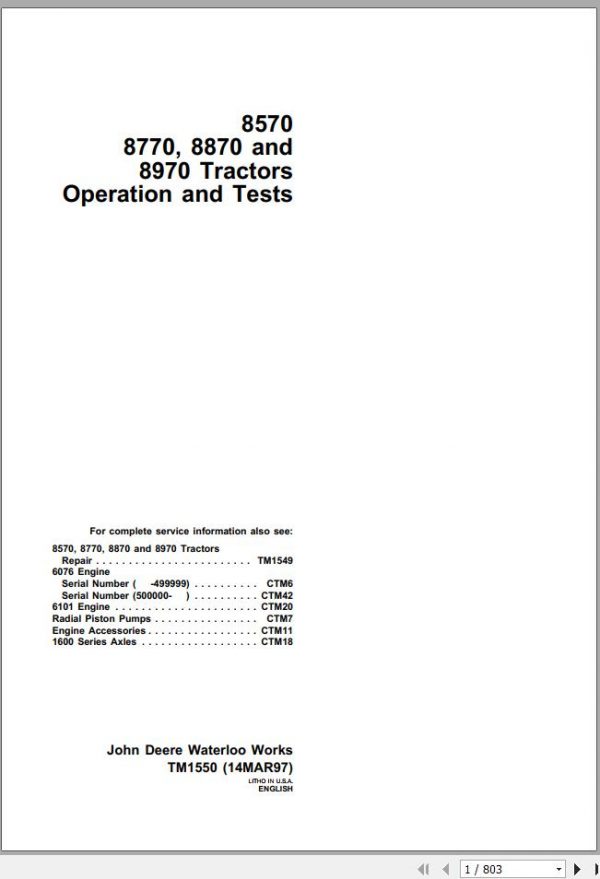 John Deere Tractors 8570 8770 8870 8970 Operation Test Manual TM1550 1