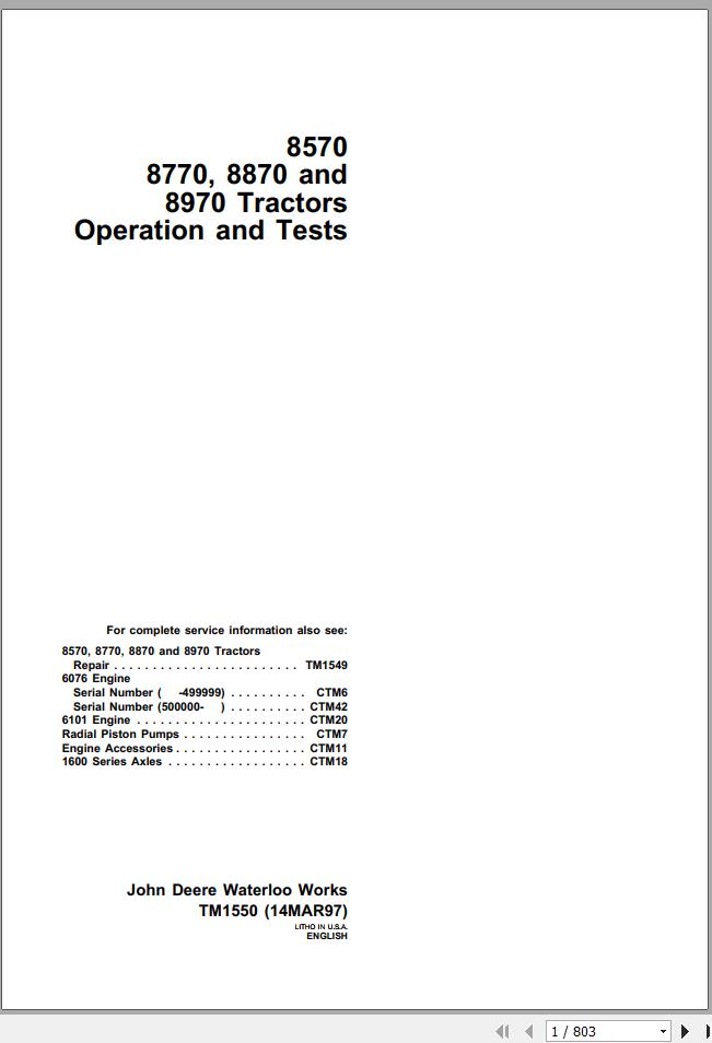 John Deere Tractors 8570 8770 8870 8970 Operation Test Manual TM1550 1