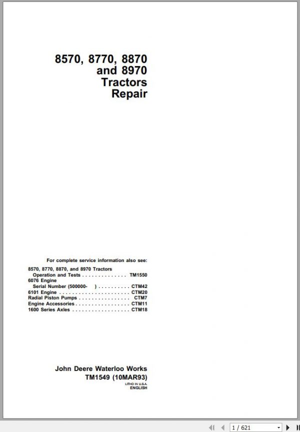 John Deere Tractors 8570 8770 8870 8970 Repair Manual TM1549 1