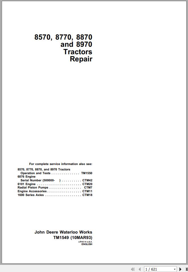 John Deere Tractors 8570 8770 8870 8970 Repair Manual TM1549 1