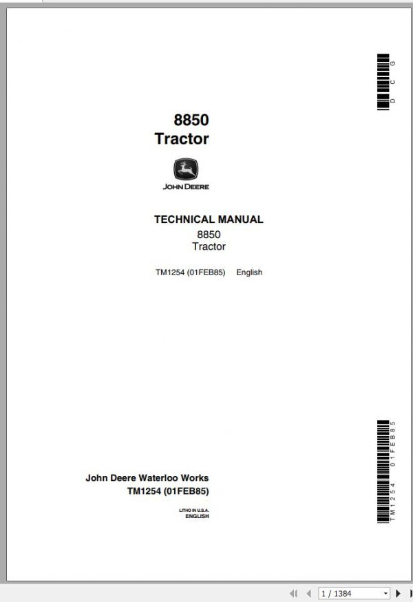 John Deere Tractors 8850 Technical Manual TM1254 1