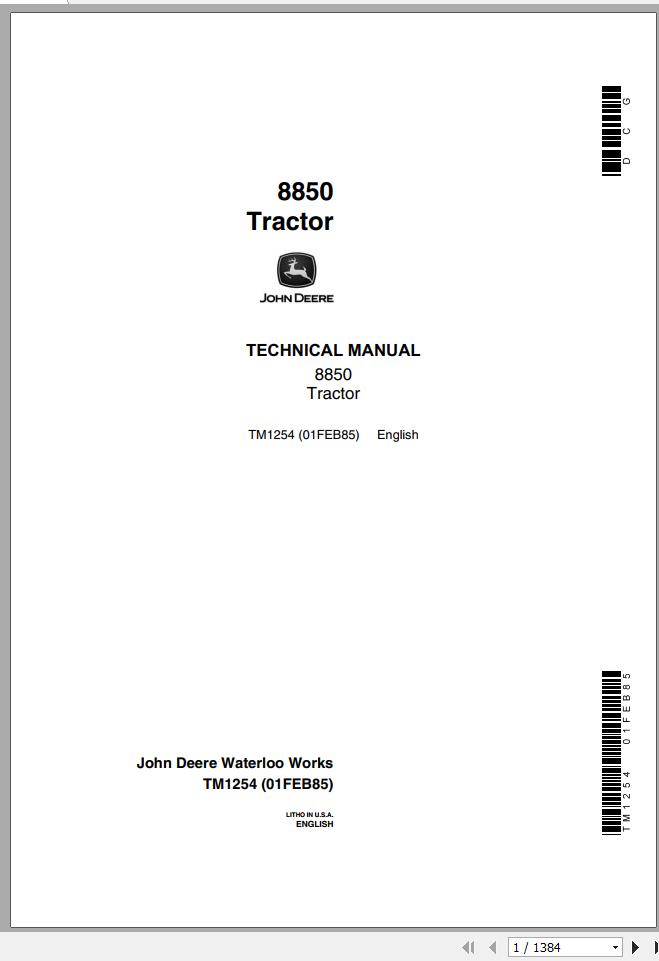 John Deere Tractors 8850 Technical Manual TM1254 1