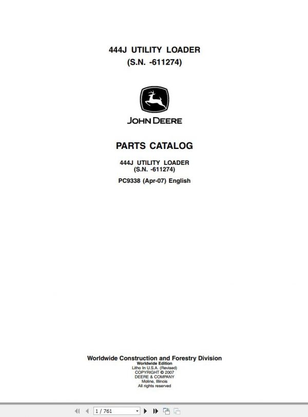 John Deere Utility Loader 444J Parts Catalog 611274 PC9338 2007 1