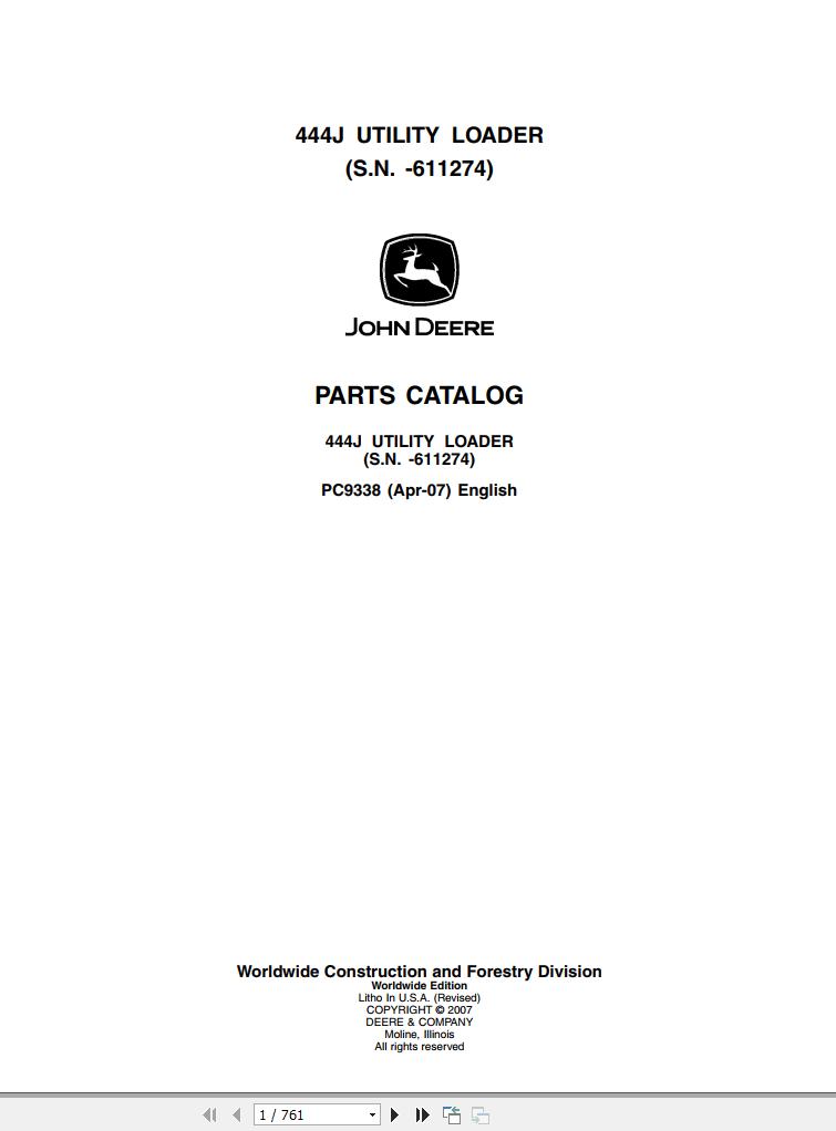 John Deere Utility Loader 444J Parts Catalog 611274 PC9338 2007 1