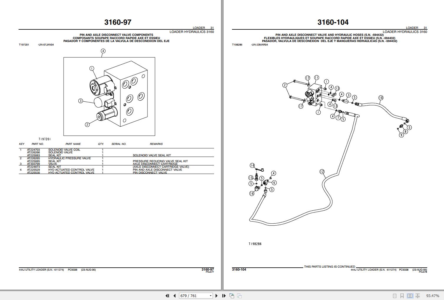 John Deere Utility Loader 444J Parts Catalog 611274 PC9338 2007
