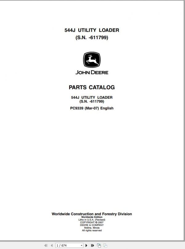John Deere Utility Loader 544J Parts Catalog 611799 PC9339 2007 1