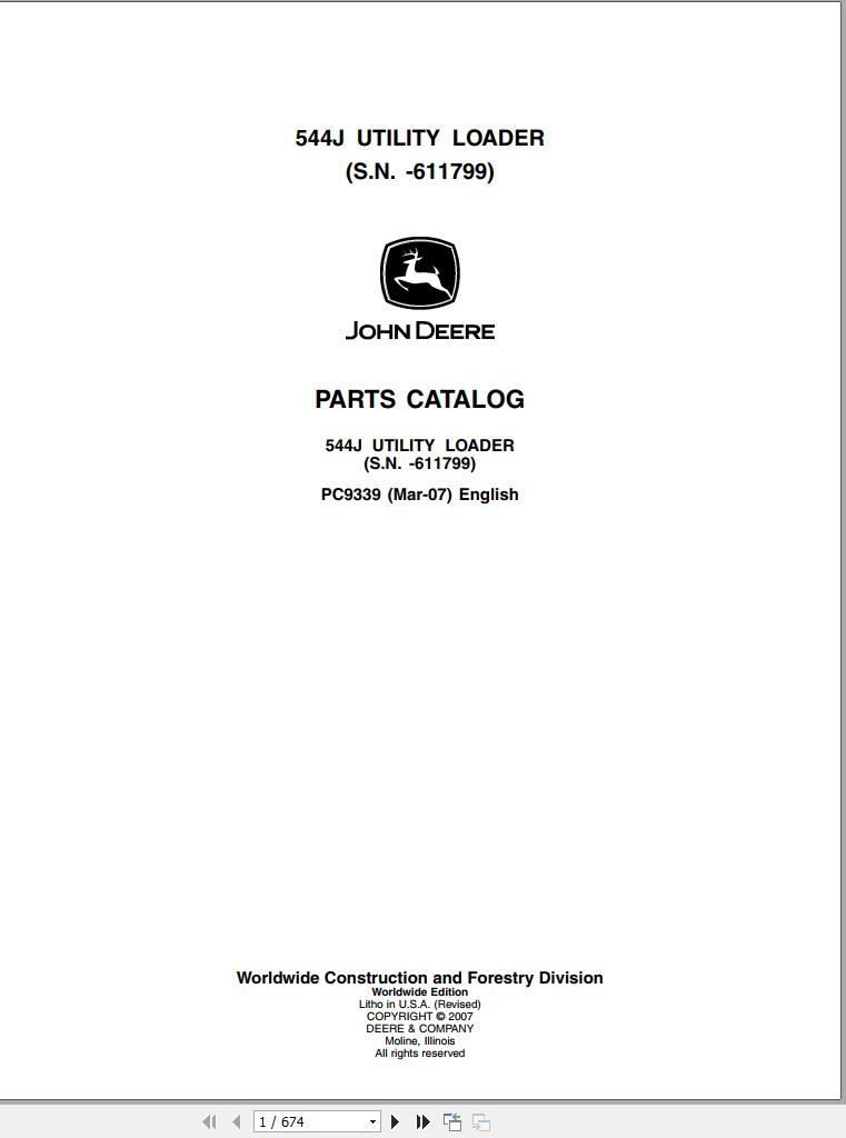 John Deere Utility Loader 544J Parts Catalog 611799 PC9339 2007 1
