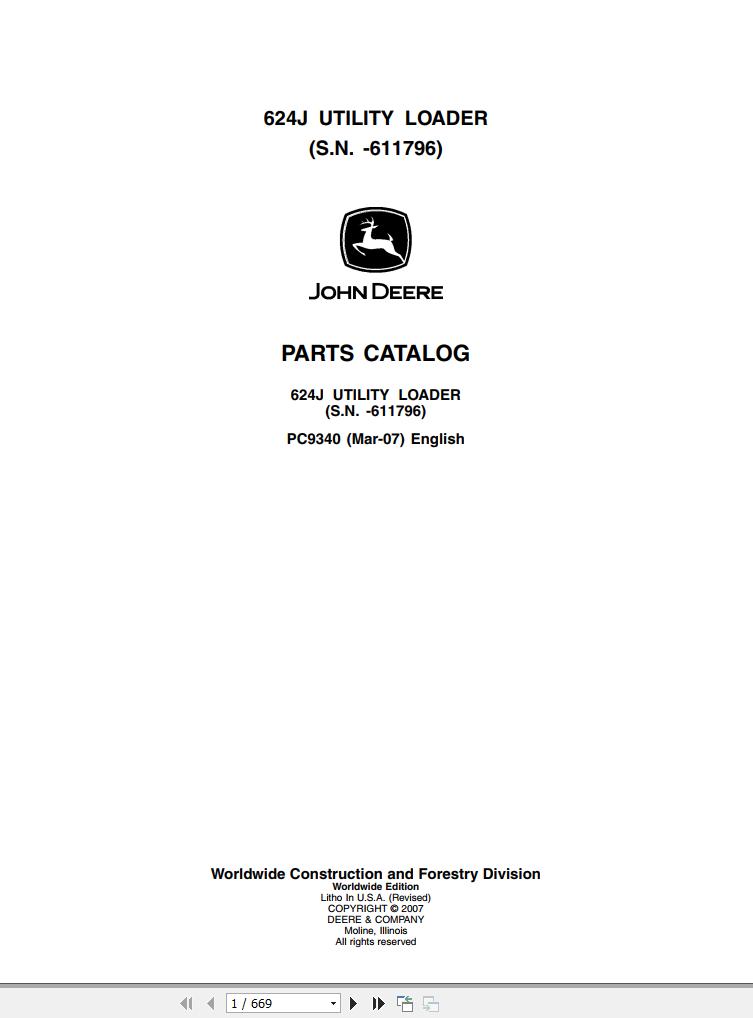 John Deere Utility Loader 624J Parts Catalog 611795 PC9340 2007 1