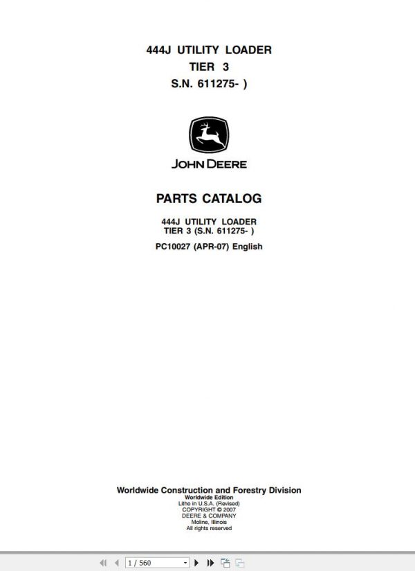 John Deere Utility Loader Tier 3 444J Parts Catalog 611275 PC10027 2007 1