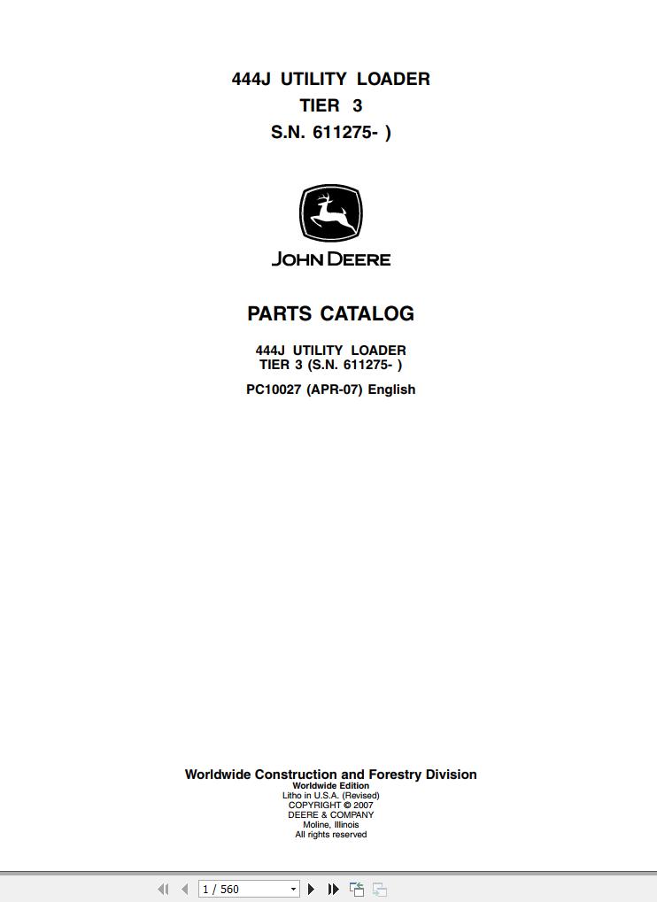 John Deere Utility Loader Tier 3 444J Parts Catalog 611275 PC10027 2007 1