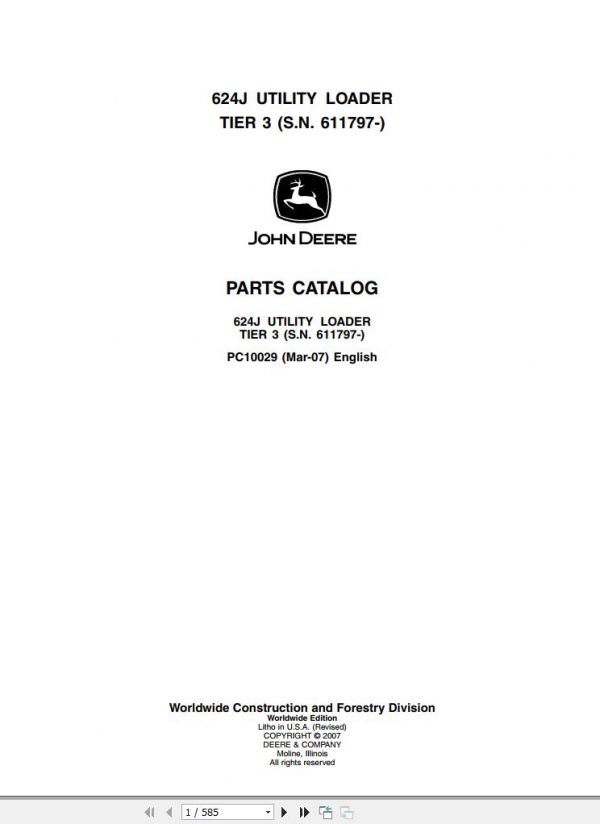 John Deere Utility Loader Tier 3 624J Parts Catalog 611797 PC10029 2007 1