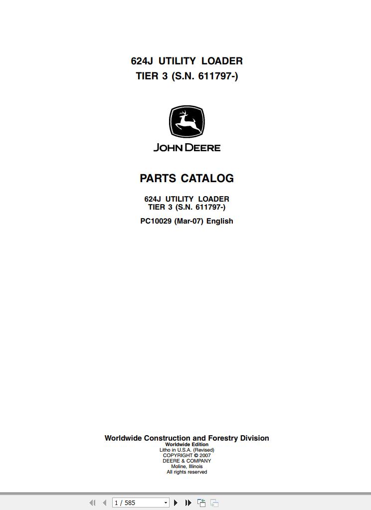 John Deere Utility Loader Tier 3 624J Parts Catalog 611797 PC10029 2007 1