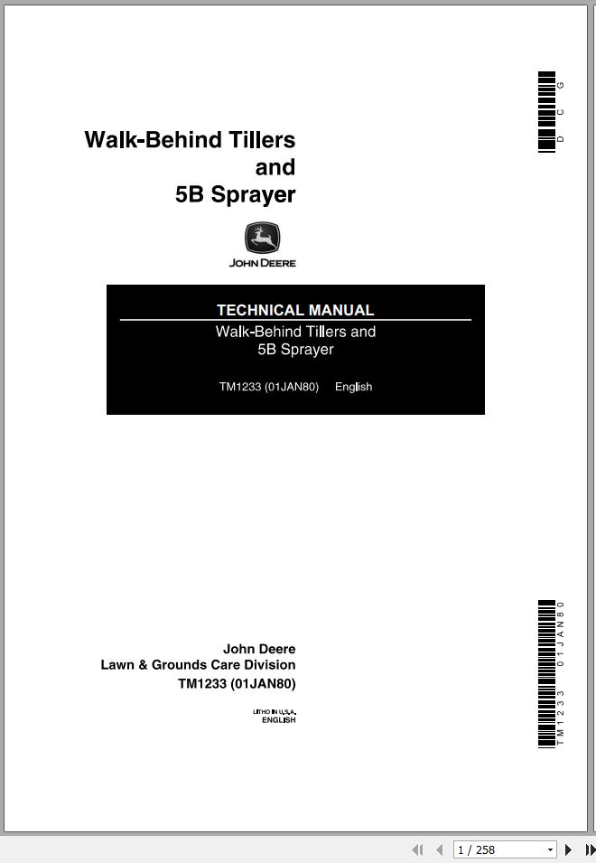 John Deere Walk Behind Tillers And 5B Sparyer Technical Manual TM1233 1