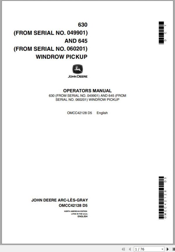 John Deere Windrow Pickup 630 645 Technical Manual OMCC42128 D5 1