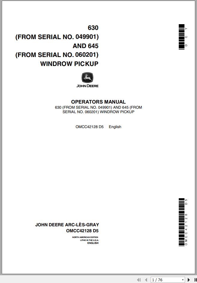 John Deere Windrow Pickup 630 645 Technical Manual OMCC42128 D5 1