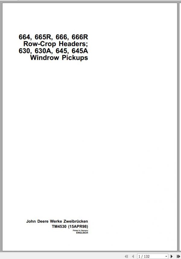 John Deere Windrow Pickups 664 665R 666 666R 630 630A 645 645A Technical Manual TM4530 1