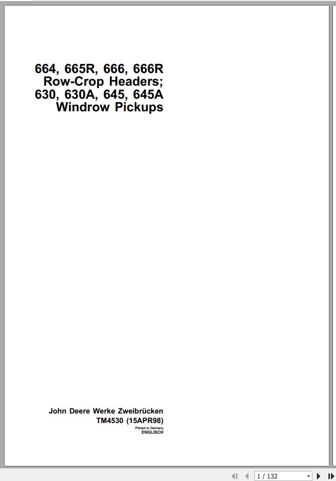 John Deere Windrow Pickups 664 665R 666 666R 630 630A 645 645A Technical Manual TM4530 1