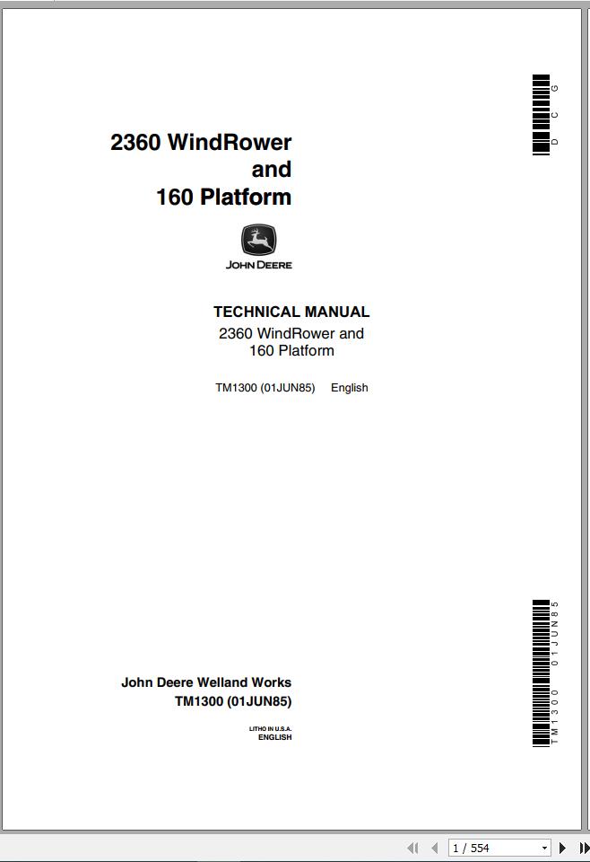 John Deere Windrower 2360 160 Platform Technical Manual TM1300 1