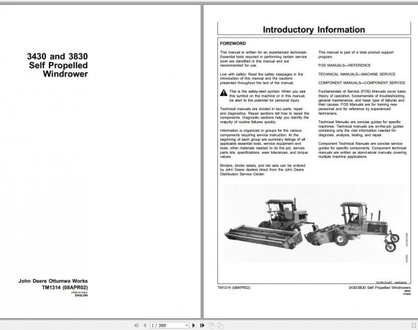 John Deere Windrower Self Propelled 3430 3830 Technical Manual TM1314 1