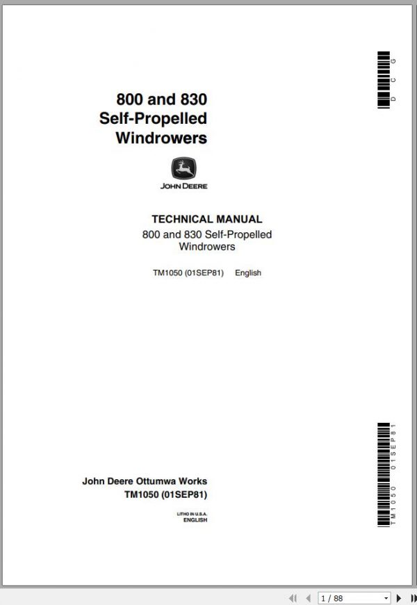 John Deere Windrower Self Propelled 800 830 Technical Manual TM1050 1