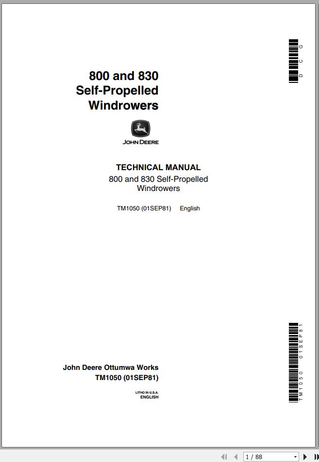 John Deere Windrower Self Propelled 800 830 Technical Manual TM1050 1