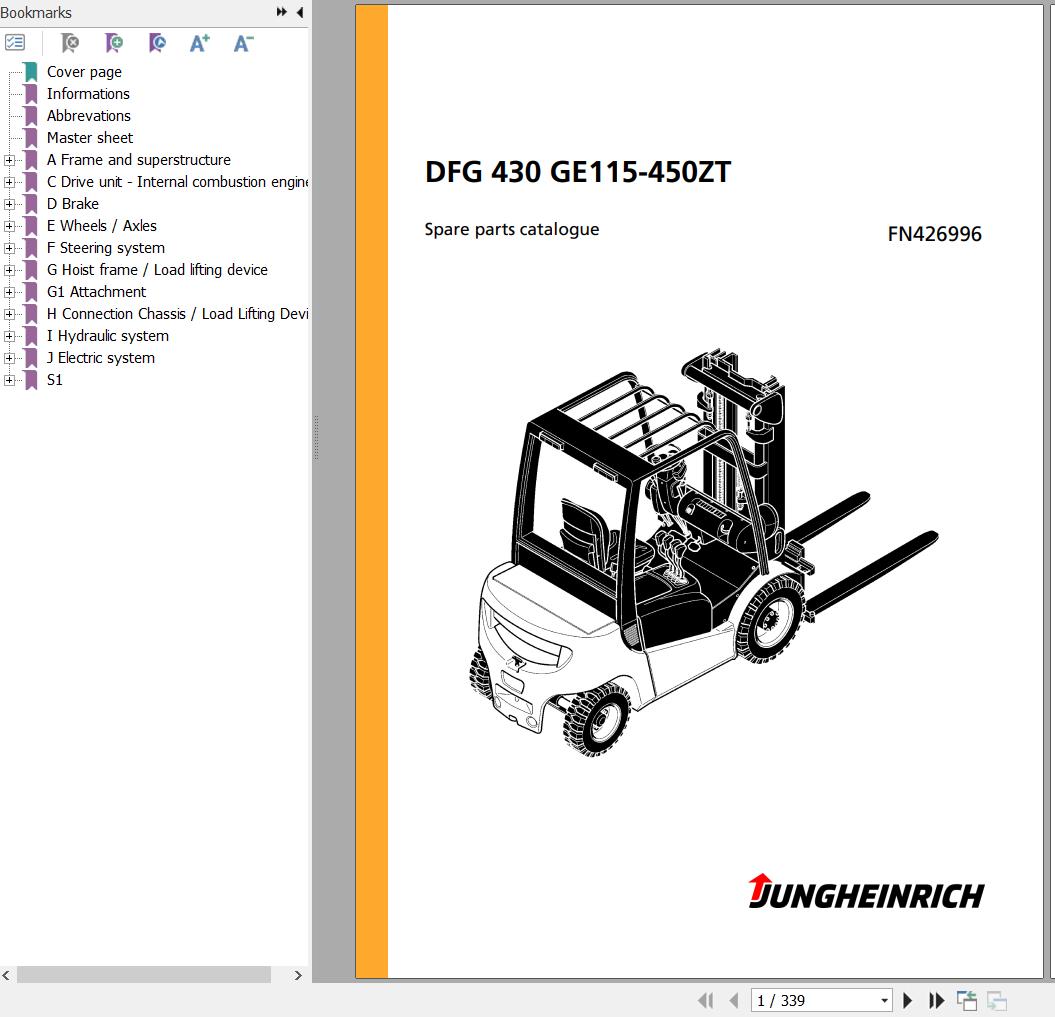 Jungheinrich Forklift DFG 430 GE115450ZT Spare Parts Manual FN426996