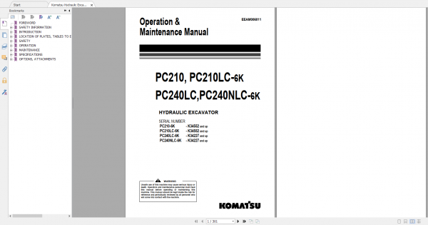 Komatsu Hydraulic Excavator PC210 6K PC210LC 6K PC240LC 6K PC240NLC 6K Operation Maintenance Manual EEAM006011
