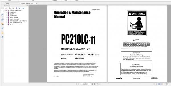 Komatsu Hydraulic Excavator PC210LC 11 Engine 6D107E 3 Operation Maintenance Manual CEAM029002 2016