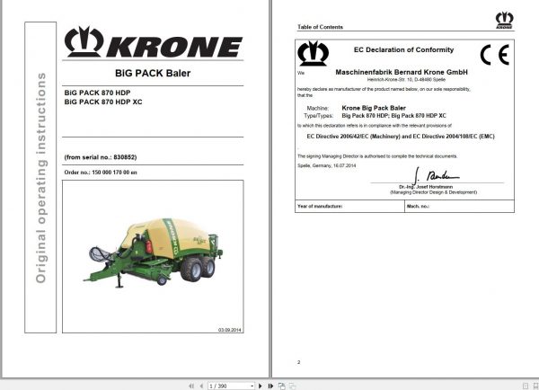 Krone BiG Pack Baler 870 HDP XC 830852 Operator Manual 15000017000 2014 1