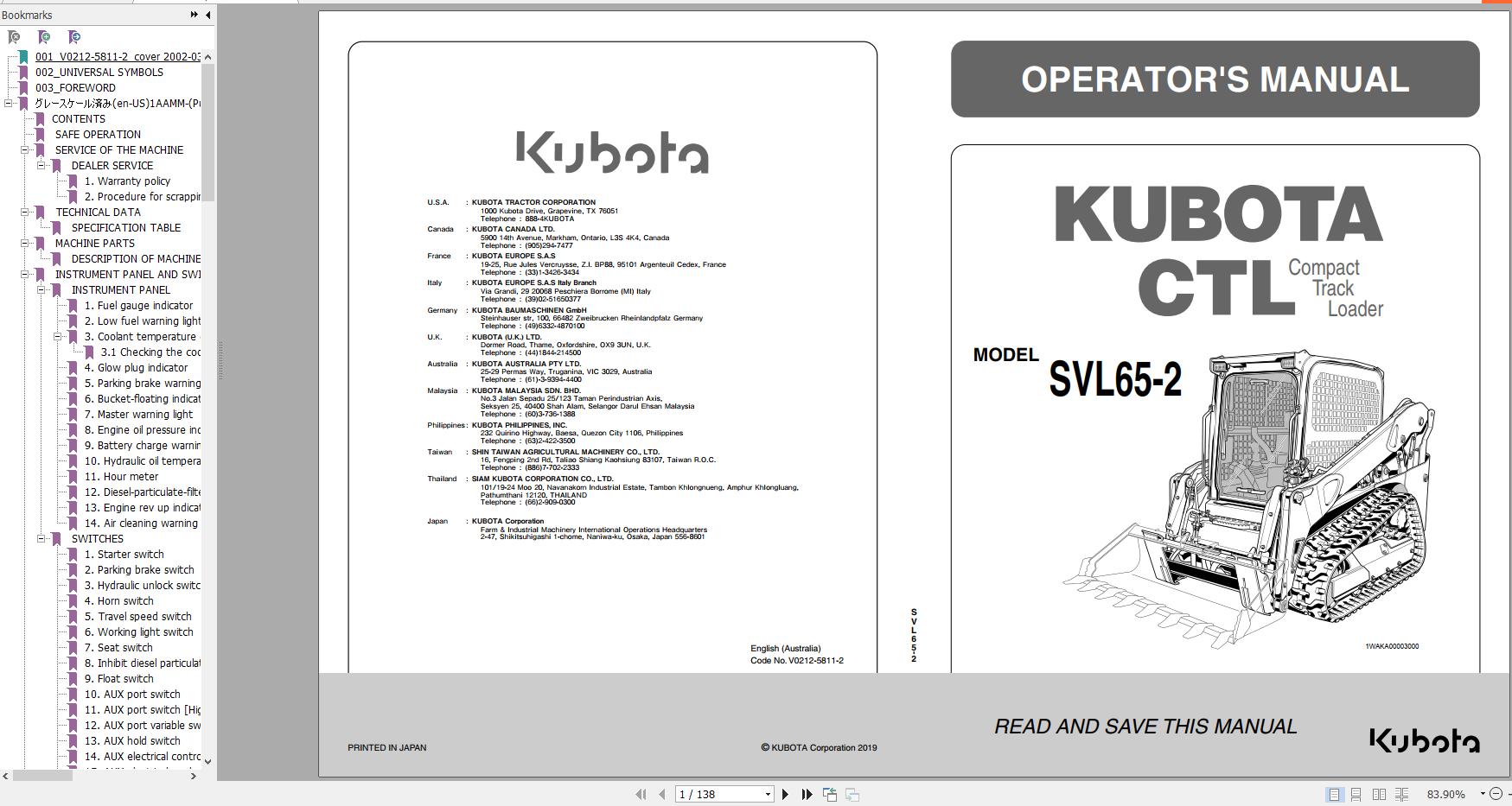 Kubota Compact Track Loader SVL65 2 1WAKA00003000 Operator Manual V0212 5811 2 2019 1