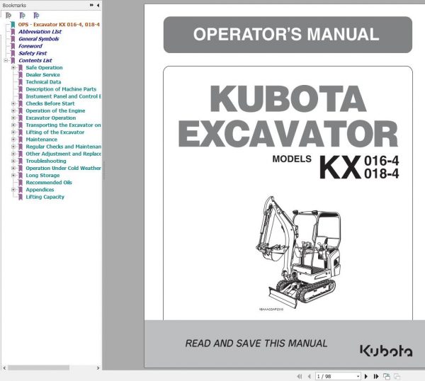 Kubota Excavator KX016 4 KX018 4 1BAAACDAP2310 Operator Manual RG158 8193 1 2012 1